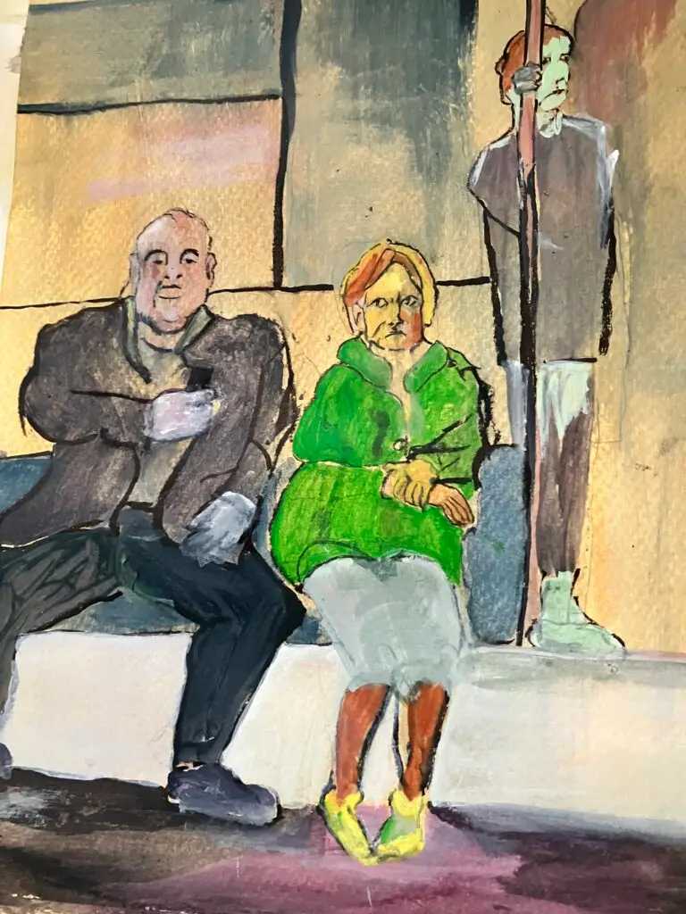 Menschen in der Bahn Mixed Media auf Papier. Gefühle zwischen Menschen
