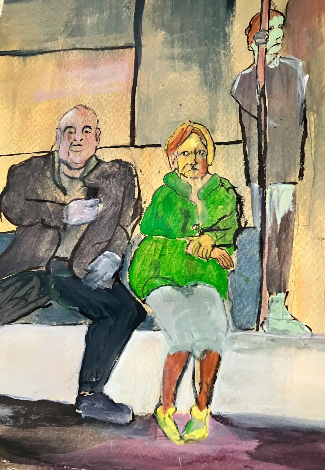 Menschen in der Bahn Mixed Media auf Papier. Gefühle zwischen Menschen